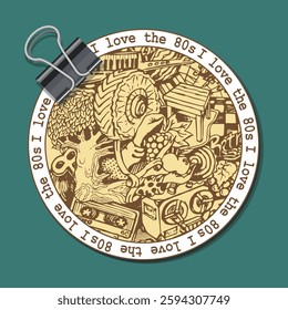 Round sticker, emblem, handwritten graphic fantasy with circle lettering - I love the 80s. Vector illustration