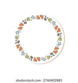 Round sticker frame with doodle outdoor backpack, camp, and equipment in color. Mountain and hiking adventure theme, travel element for colorful summer or trip style accent.