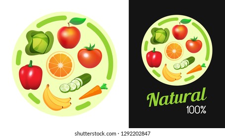 Round sticker with Fruit and Vegetables. Design element of Signboard banner with natural vegan food for shop. Illustration isolated on white and black color.
