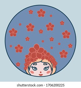 Round sticker with a girl in a floral wreath. Spring mood.