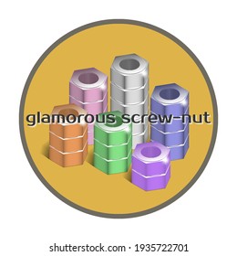 Rundaufkleber. Glamororfarbige helle Farben mit Highlights, Stapel von 3D-Schraubenmuttern in einem gelben Kreis