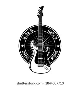 Round sticker for guitar school vector illustration. Black promotional label or advertising for rock music lessons. Entertainment concept can be used for retro template, banner or poster