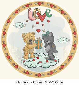 Round sticker illustration, for decoration design, Valentines Day, in the style of childrens doodle, toy teddy bears give gifts standing on a cloud