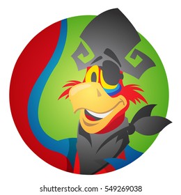 Round sticker with the image of a cheerful parrot in a pirate hat and eye patch. Cartoon illustration for gaming mobile applications and for design t-shirts and other items. Avatar parrot.