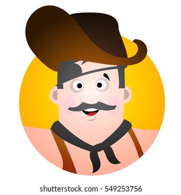 Round sticker with the image of a fun pirate in a cocked hat and eye patch. Cartoon illustration for gaming mobile applications and for design t-shirts and other items. Avatar pirate.