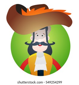 Round sticker with the image of a fun pirate in a cocked hat and eye patch. Cartoon illustration for gaming mobile applications and for design t-shirts and other items. Avatar pirate.