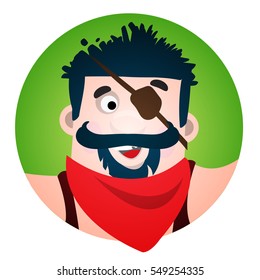 Round sticker with the image of a fun pirate with eye patch. Cartoon illustration for gaming mobile applications and for design t-shirts and other items. Avatar Robber.