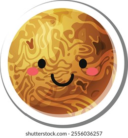 Round sticker of a kawaii style smiling jupiter planet, perfect for children s educational materials about space and the solar system, promoting a playful approach to astronomy