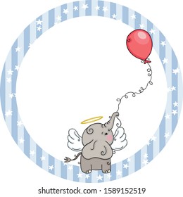Round sticker label with angel elephant holding a balloon