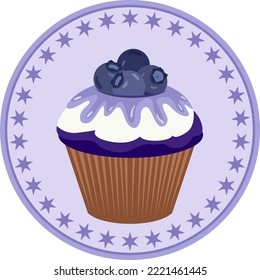 Round sticker label with blueberry cupcake

