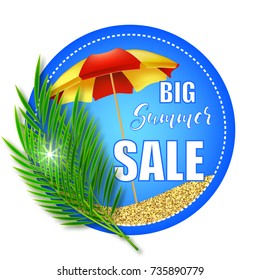 Round sticker or label with palm branches with sand and umbrella. Summer Sale. Blue vector illustration