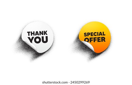 Round sticker labels. Thank you, Special offer sale price tags, paper round stickers with peeling corner and grain noise shadow. Special offer sticker, thank you round banner. Vector illustration