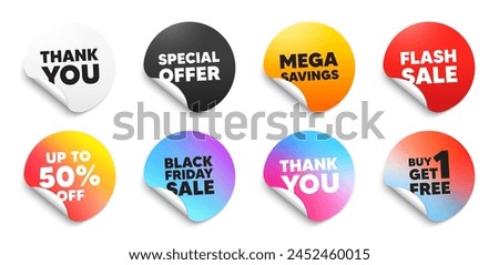 Round sticker labels. Thank you, Flash sale, Black friday gradient price tag. Special offer paper round stickers with corner. 50 percent discount off round sticker banner. Mega savings label. Vector