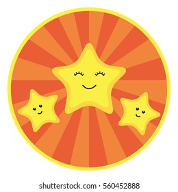 Round sticker with an orange radial background and three yellow stars in cartoon style.