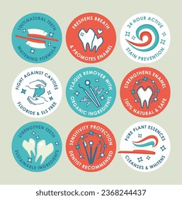 Round sticker set for toothpaste package design. Line icon elements at label tag collection, vector illustration. Oral health care concept, product formula quality sign