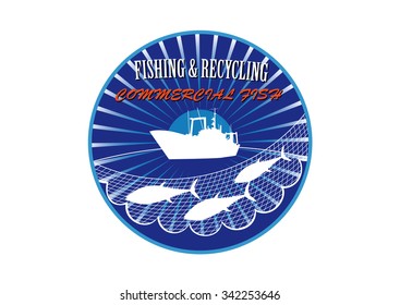 Round sticker with the silhouette of a fishing vessel, network and the tuna  on the background of sea and sun isolated over white.