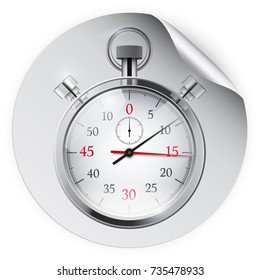 Round Sticker with stopwatch. Paper label with shadow. Vector illustration isolated on white background.