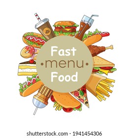 Round sticker of street fastfood with french fries, hamburger with meat, hot dog, donuts and cup of coffee. Doodle funk food. Flat vector illustration isolated on white background.Cartoon with outline