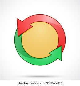 Round sticker tag with arrows. Blank vector icons in red and green color with a yellow circle in the center.