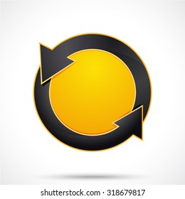 Round sticker tag with arrows. Blank vector icons in black color with a yellow circle in the center.