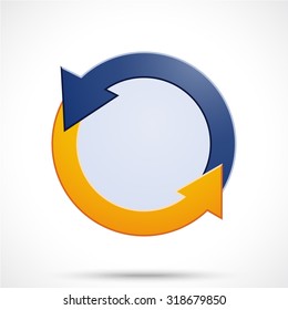 Round sticker tag with arrows. Blank vector icons in dark blue and yellow color with a light circle in the center.