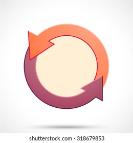 Round sticker tag with arrows. Blank vector icons in medium violet red and coral color with a light circle in the center.