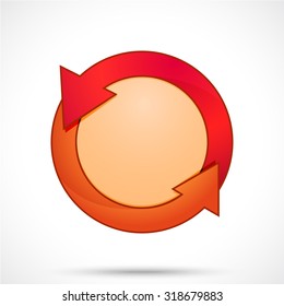 Round sticker tag with arrows. Blank vector icons in red and orange red color with a sandy brown circle in the center.