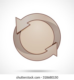 Round sticker tag with arrows. Blank vector icons in red and royal blue color with a sandy brown circle in the center.