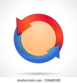 Round sticker tag with arrows. Blank vector icons in red and royal blue color with a sandy brown circle in the center.