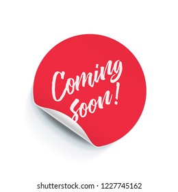 Round sticker tag with peel fold corner. Vector Coming Soon poster, isolated pink red round adhesive note