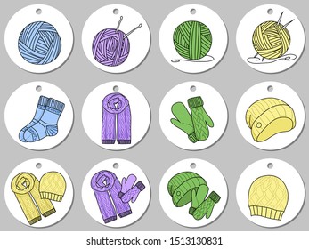 Round sticker template with knitting icon. Isolated vector illustration with white stains on gray background