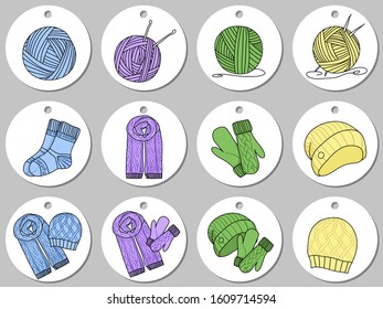 Round sticker template with knitting icon. Isolated vector illustration with white stains on gray background