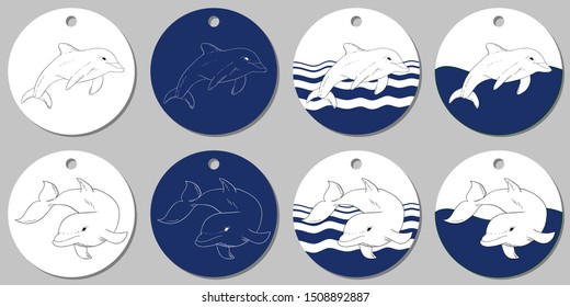 Round sticker template with sea dolphin. Isolated vector illustration with white and blue stains on white background