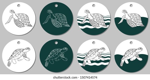 Round sticker template with sea turtle. Isolated vector illustration with white and turquoise stains on white background