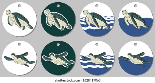 Round sticker template with sea turtle. Isolated vector illustration with white and turquoise stains on white background