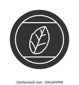 Round sticker with tobacco leaf glyph icon. Mint. Silhouette symbol. Negative space. Vector isolated illustration
