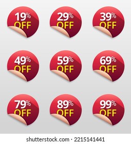 Round sticker vector design with off tag price discount set for sale label with limited time offer. Offer discount icons for Banner Mockups, Web Designs, landing pages and Printables