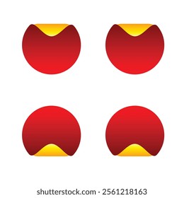 Round stickers with curled edge in red color variants on white background. Set of colored round glued sticker. Vector illustration. 
