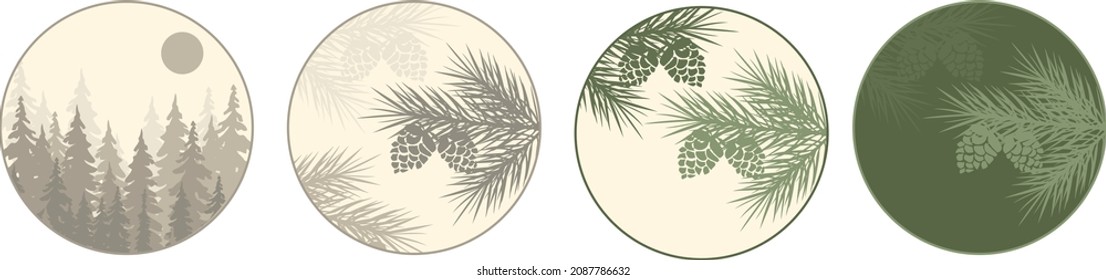 
round stickers with fir branches with cones