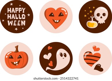 Pegatinas redondas con un feliz deseo de Halloween y un lindo fantasma y calabaza. Un conjunto de símbolos de Halloween. Ilustraciones para insignias, tarjetas, pegatinas. Bueno para fiestas de vacaciones, artesanía y Web.