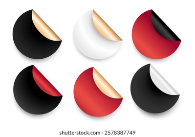 Round stickers labels set with curled corners in black, white, and red colors. Features realistic peeling effects with gold and shadow. Ideal for branding, labels, packaging,promotional design.Vector