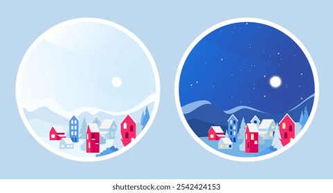 Round stickers logo of a mountain village in winter. Cool shades with red accents. Illustration of a village in the mountains, day and night - all in one piece