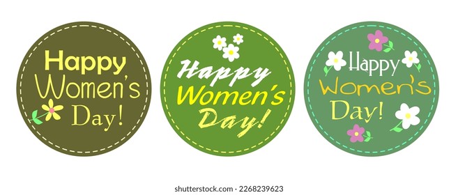 round stickers for March 8th. dark green and brown labels with white words. happy women's day. congratulations for women. International Women's Day. a set of 3 vector elements. dark saturated colors.