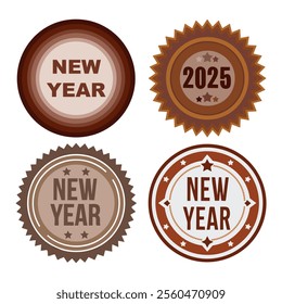 Round stickers for New Year. Happy New Year 2025 label or sticker in brown tones. Vector illustration