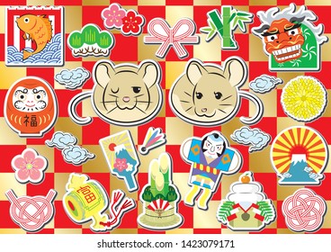 round stickers of New year's object for Japanese zodiac - Rat ( colorful collar ) background of plaid pattern ( red and gold )