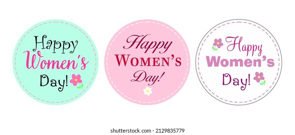 
pegatinas redondas el 8 de marzo. feliz día de la mujer. felicitaciones para las niñas. Día Internacional de la Mujer. un conjunto de 3 elementos. colores pastel vectoriales. etiquetas blancas rosas y turquesas
