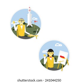 Round stickers with a pair of working smiling engineers in outdoor. Flat design.
