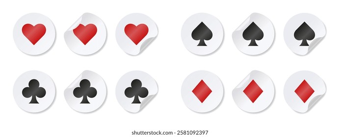 Round stickers with playing card suits. Casino clipart.