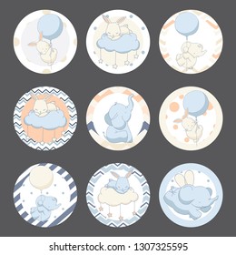 Round stickers set, bakery decorations, birthday labels kit, birthday, baby shower party elements classic, universal design for cards, invitations, scrapbooking graphics