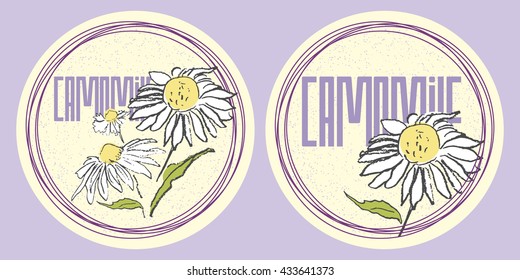 Round stickers set of hand drawn camomiles in pastel colors for organic design of healthy products like shampoo, cream or herbal tea.